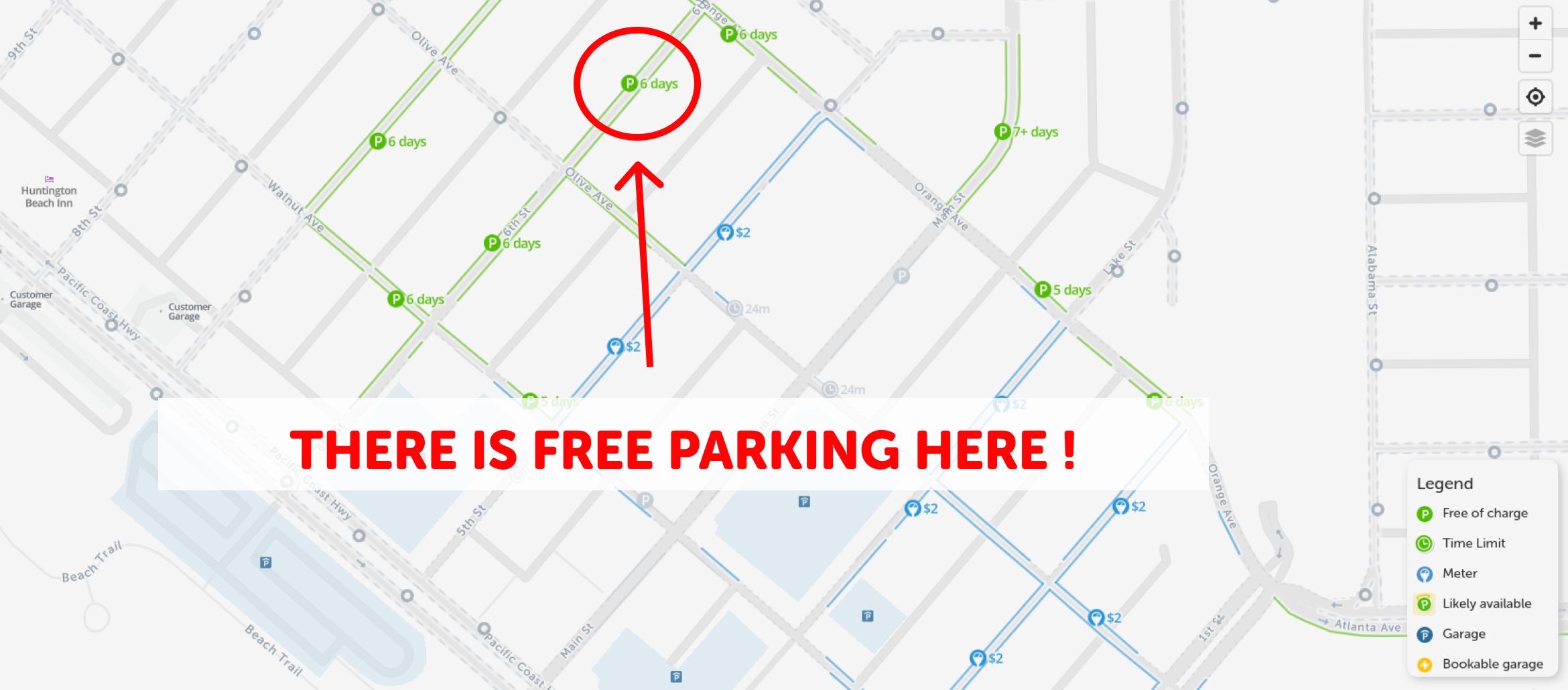map of free parking in Huntington beach - SpotAngels
